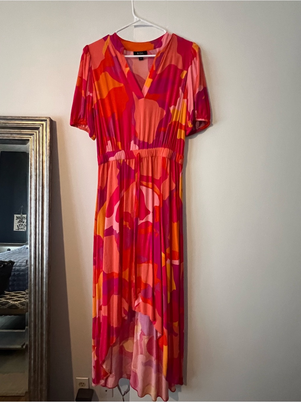 MSK Pink and Orange Abstract High-Low Midi Dress